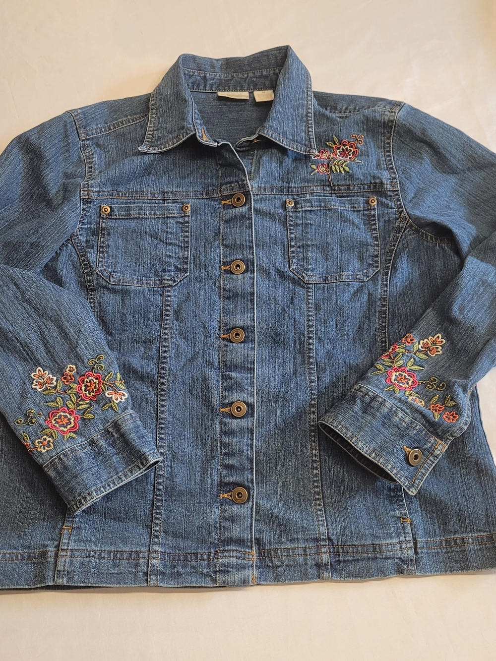 Erika Embroidered Denim Jacket Medium Floral Y2K Stretch Jean Jacket